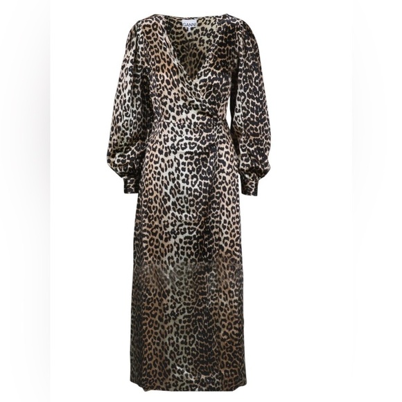 Ganni Women’s Leopard Printed Silk Wrap Dress Tan & Brown Size 36 Maxi - Picture 1 of 12